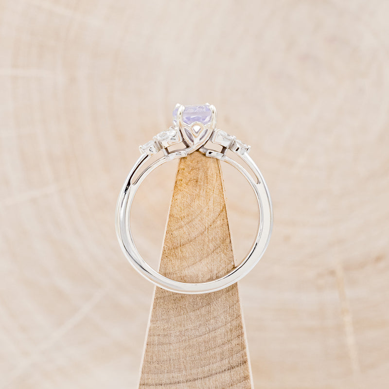 "BLOSSOM" - ROUND CUT LAVENDER QUARTZ ENGAGEMENT RING WITH LEAF SHAPED DIAMOND ACCENTS-6