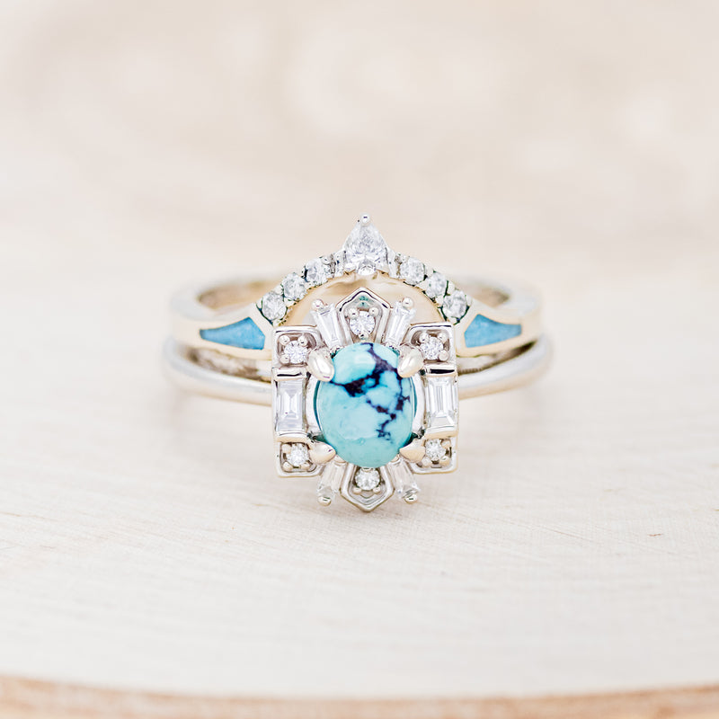 "CLEOPATRA" - BRIDAL SUITE - OVAL TURQUOISE & DIAMOND HALO ENGAGEMENT RING WITH TRACERS-10