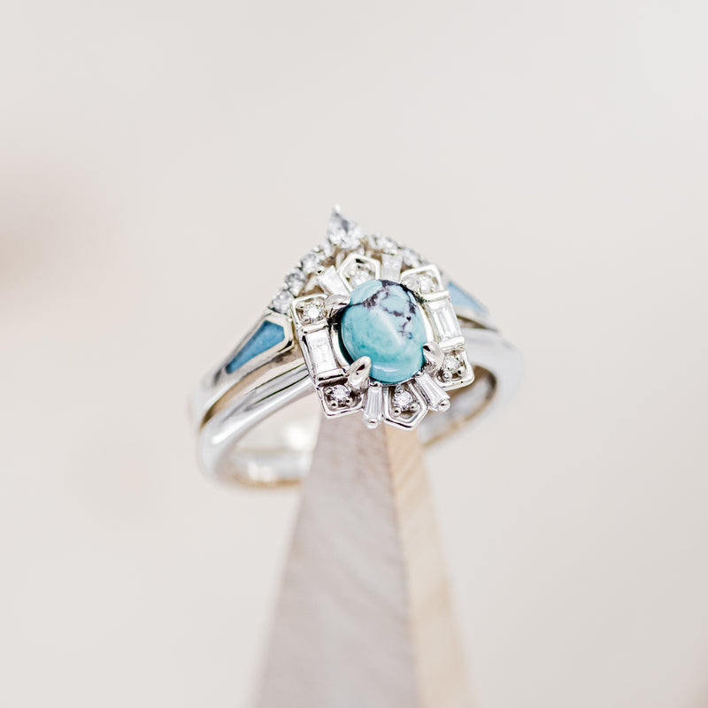 "CLEOPATRA" - BRIDAL SUITE - OVAL TURQUOISE & DIAMOND HALO ENGAGEMENT RING WITH TRACERS-7