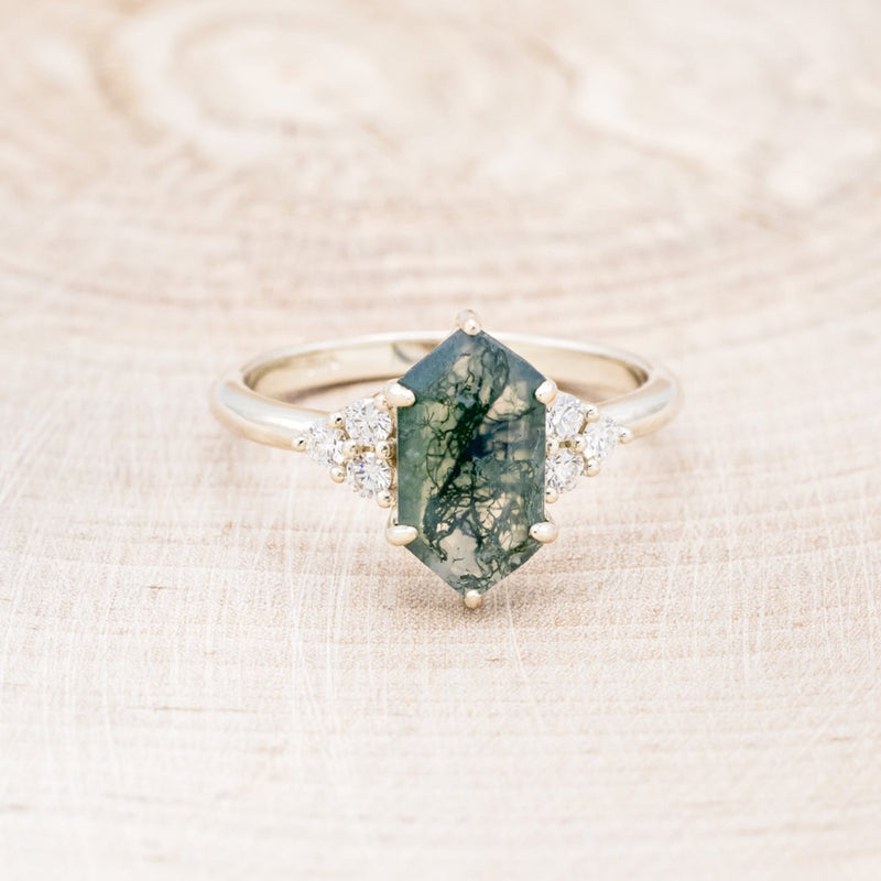 "OCTAVIA" - ELONGATED HEXAGON MOSS AGATE ENGAGEMENT RING WITH DIAMOND ACCENTS-10