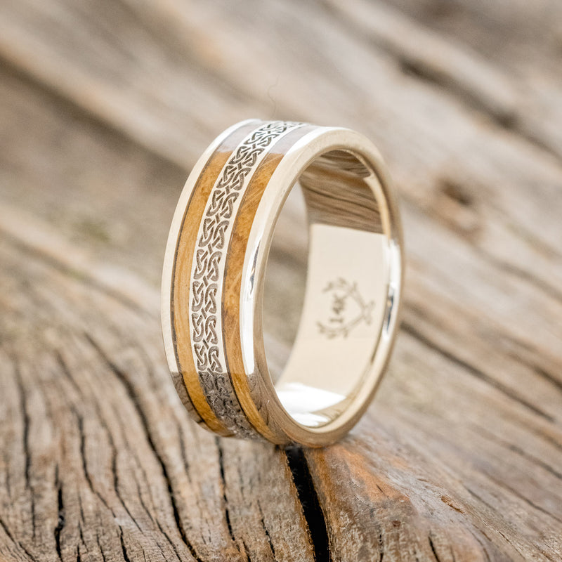 "RYDER" - CELTIC LOVE KNOT ENGRAVED & WHISKEY BARREL OAK WEDDING RING-7