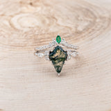 "SAGE" - KITE CUT MOSS AGATE ENGAGEMENT RING WITH DIAMOND ACCENTS & EMERALD TRACER-21