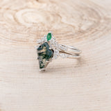 "SAGE" - KITE CUT MOSS AGATE ENGAGEMENT RING WITH DIAMOND ACCENTS & EMERALD TRACER-20