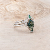 "SAGE" - KITE CUT MOSS AGATE ENGAGEMENT RING WITH DIAMOND ACCENTS & EMERALD TRACER-19