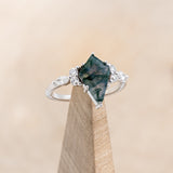 "SAGE" - KITE CUT MOSS AGATE ENGAGEMENT RING WITH DIAMOND ACCENTS & EMERALD TRACER-29