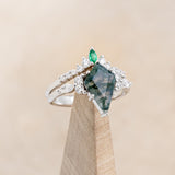 "SAGE" - KITE CUT MOSS AGATE ENGAGEMENT RING WITH DIAMOND ACCENTS & EMERALD TRACER-18