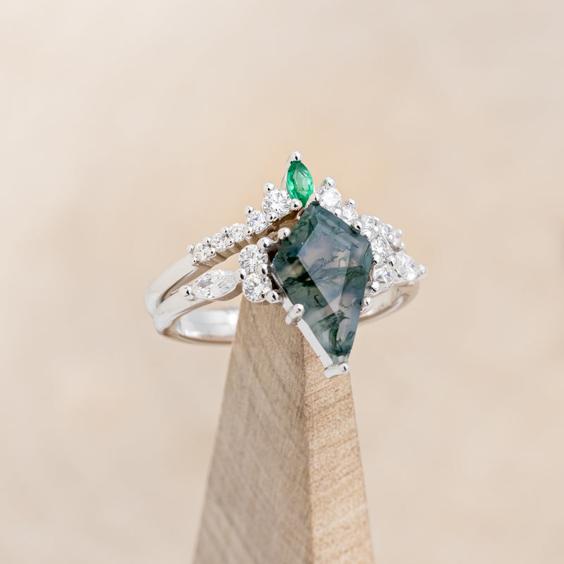 "SAGE" - KITE CUT MOSS AGATE ENGAGEMENT RING WITH DIAMOND ACCENTS & EMERALD TRACER-18