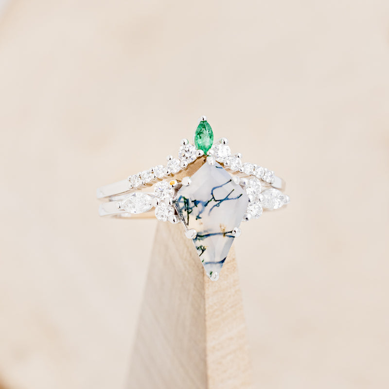 "SAGE" - KITE CUT MOSS AGATE ENGAGEMENT RING WITH DIAMOND ACCENTS & EMERALD TRACER-22