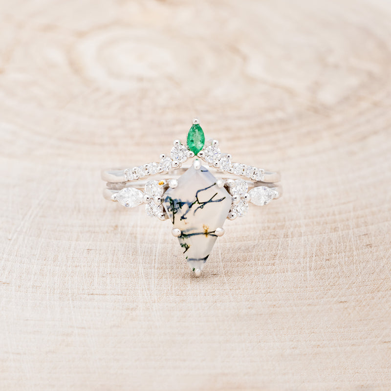 "SAGE" - KITE CUT MOSS AGATE ENGAGEMENT RING WITH DIAMOND ACCENTS & EMERALD TRACER-25