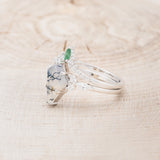 "SAGE" - KITE CUT MOSS AGATE ENGAGEMENT RING WITH DIAMOND ACCENTS & EMERALD TRACER-24