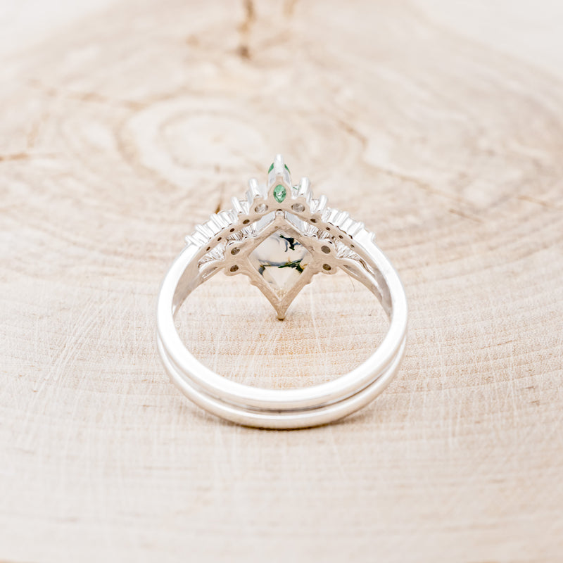 "SAGE" - KITE CUT MOSS AGATE ENGAGEMENT RING WITH DIAMOND ACCENTS & EMERALD TRACER-26