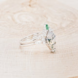 "SAGE" - KITE CUT MOSS AGATE ENGAGEMENT RING WITH DIAMOND ACCENTS & EMERALD TRACER-23