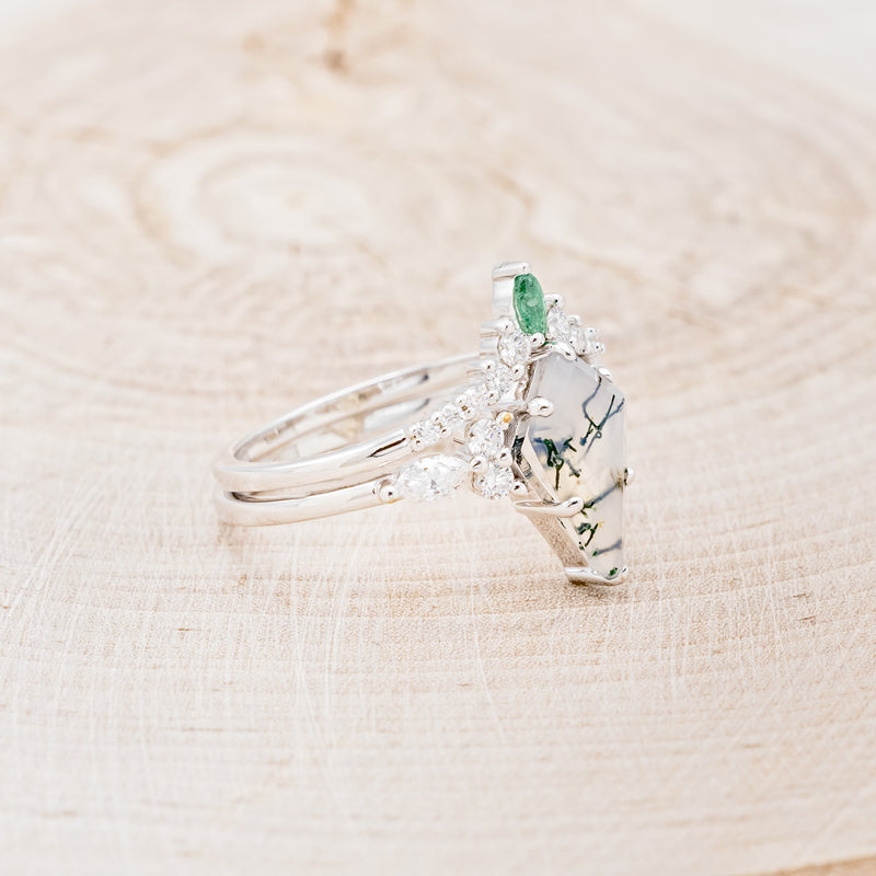 "SAGE" - KITE CUT MOSS AGATE ENGAGEMENT RING WITH DIAMOND ACCENTS & EMERALD TRACER-23