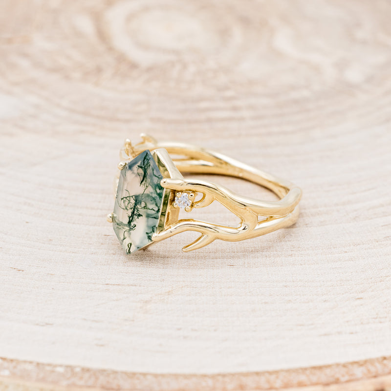 "ARTEMIS" - ELONGATED HEXAGON MOSS AGATE ENGAGEMENT RING WITH AN ANTLER STYLE BAND & DIAMOND ACCENTS-9