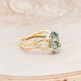 "ARTEMIS" - ELONGATED HEXAGON MOSS AGATE ENGAGEMENT RING WITH AN ANTLER STYLE BAND & DIAMOND ACCENTS-8