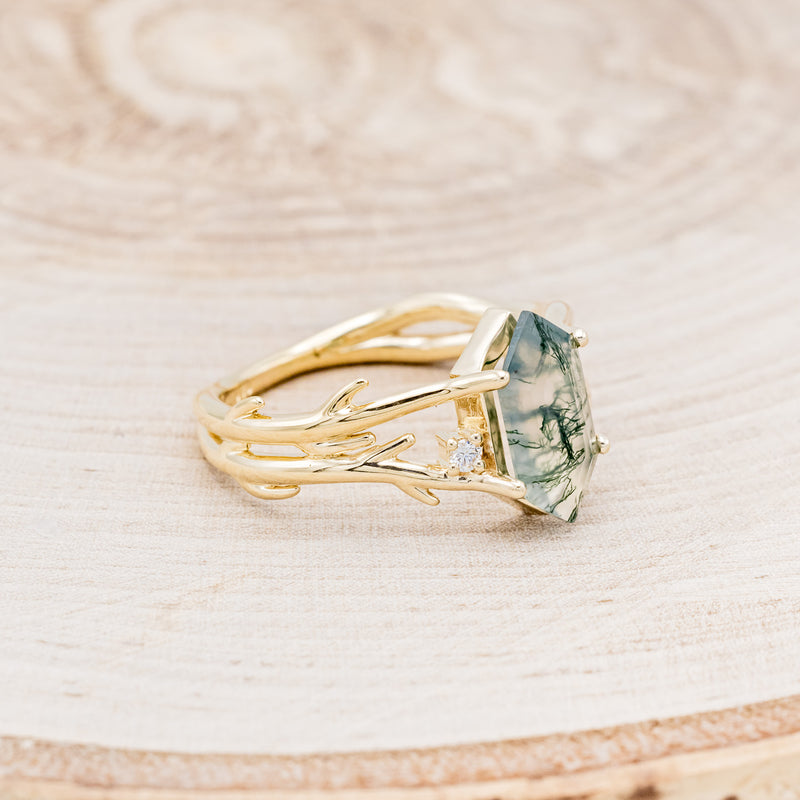 "ARTEMIS" - ELONGATED HEXAGON MOSS AGATE ENGAGEMENT RING WITH AN ANTLER STYLE BAND & DIAMOND ACCENTS-8