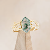 "ARTEMIS" - ELONGATED HEXAGON MOSS AGATE ENGAGEMENT RING WITH AN ANTLER STYLE BAND & DIAMOND ACCENTS-7