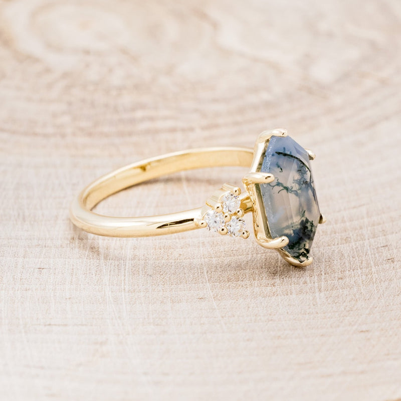 "OCTAVIA" - ELONGATED HEXAGON MOSS AGATE ENGAGEMENT RING WITH DIAMOND ACCENTS-14