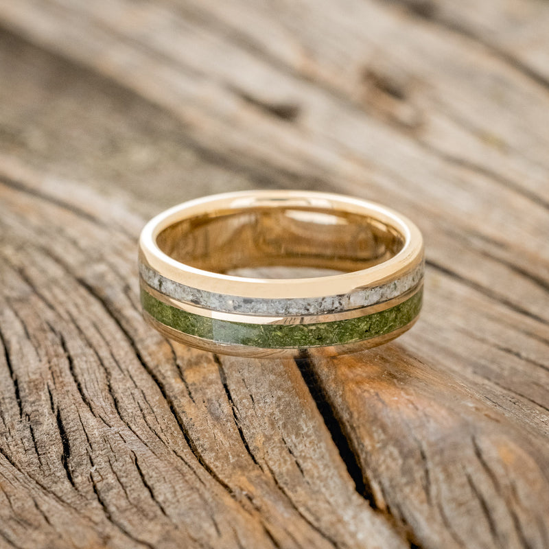 "RAPTOR" - MOSS WITH MOLDAVITE & MOONSTONE MIX WEDDING BAND-12