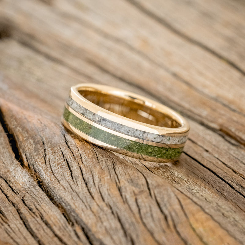 "RAPTOR" - MOSS WITH MOLDAVITE & MOONSTONE MIX WEDDING BAND-11