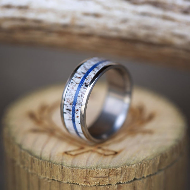 "RAINIER" - ELK ANTLER & OFFSET LAPIS LAZULI INLAY WEDDING BAND-2